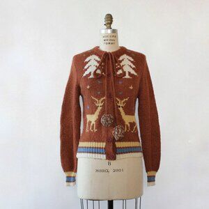 Vintage Pom Pom Reindeer Christmas Sweater Cardigan - Small